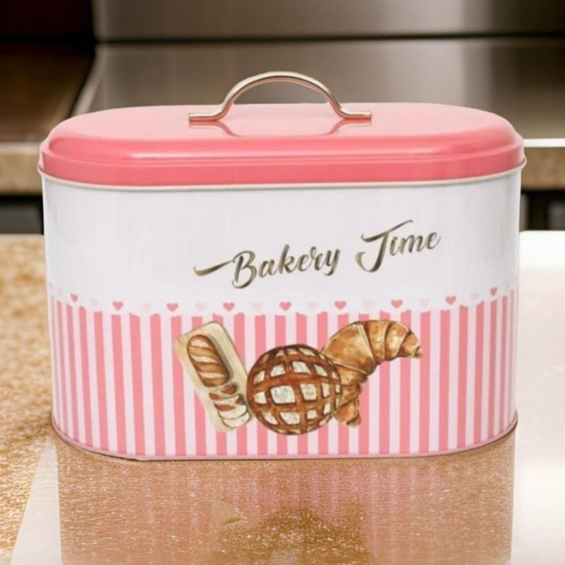 178 x 338 x 200 mm Metal Bread Box  Metal Handle 9.8L Bread Pink Line background