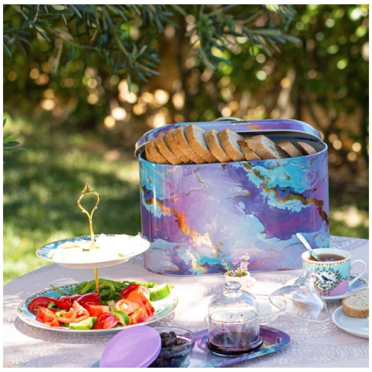 178 x 338 x 200 mm Metal Bread Box  Metal Handle 9.8L Pink and Gold Marble Texture