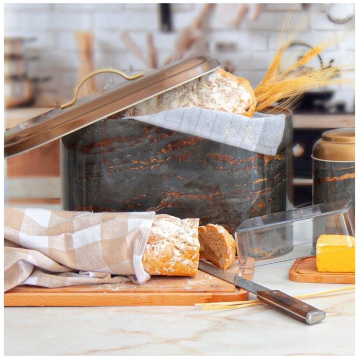 178 x 338 x 200 mm Metal Bread Box  Metal Handle 9.8L Rock and Gold
