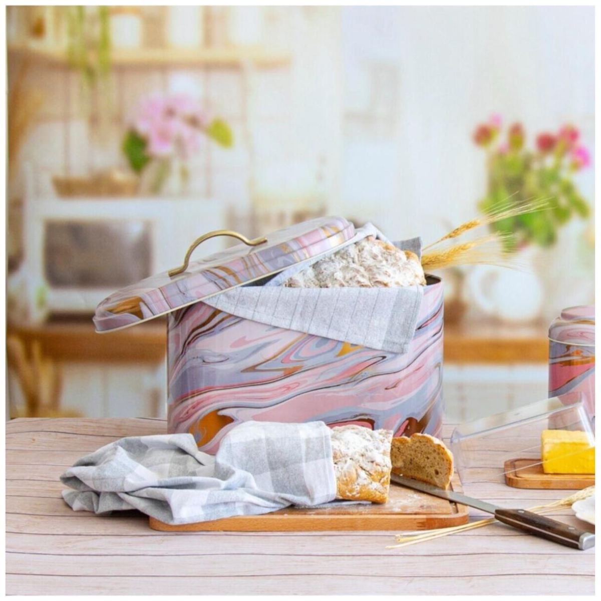 178 x 338 x 200 mm Metal Bread Box Metal Handle 9.8L Pink and Gold Marble Texture