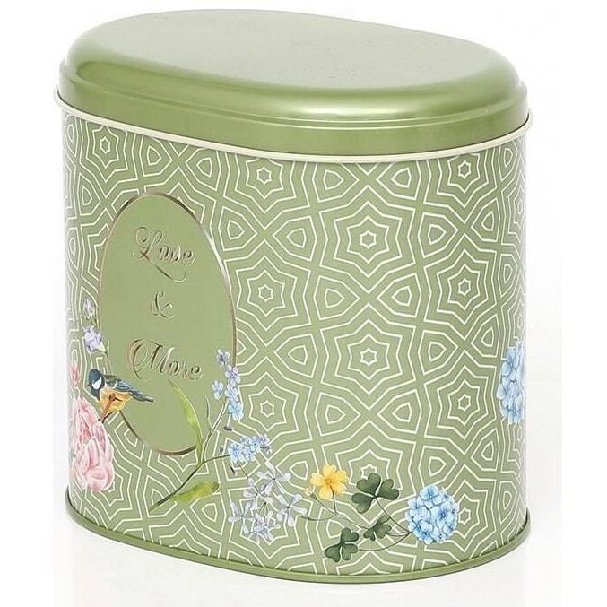 Oval Metal Tin – 140 x 120 x 130 mm (1.4L) Floral Harmony with Birds on Geometric Green