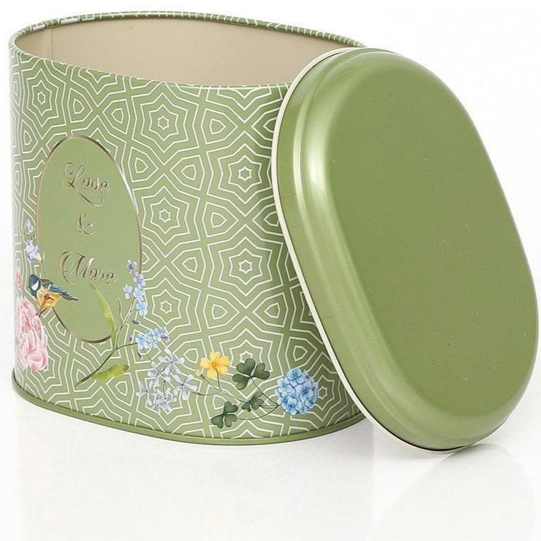Oval Metal Tin – 140 x 120 x 130 mm (1.4L) Floral Harmony with Birds on Geometric Green