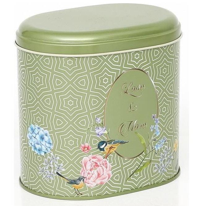 Oval Metal Tin – 140 x 120 x 130 mm (1.4L) Floral Harmony with Birds on Geometric Green