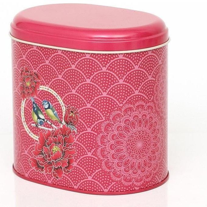 Oval Metal Tin – 140 x 120 x 130 mm (1.4L)  Floral Harmony with Birds on Geometric Red