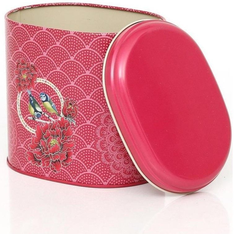 Oval Metal Tin – 140 x 120 x 130 mm (1.4L)  Floral Harmony with Birds on Geometric Red