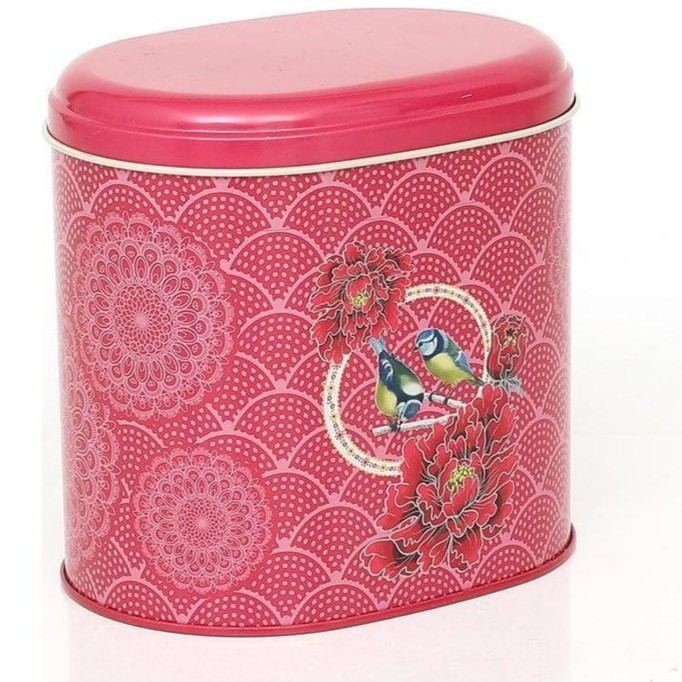 Oval Metal Tin – 140 x 120 x 130 mm (1.4L)  Floral Harmony with Birds on Geometric Red