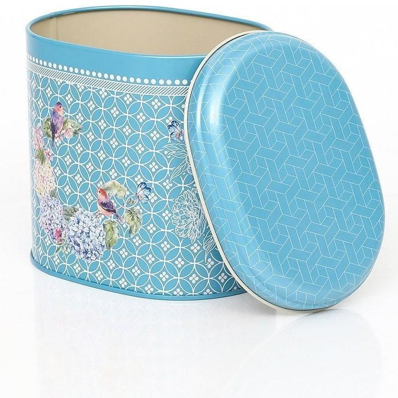 Oval Metal Tin – 140 x 120 x 130 mm (1.4L)  Floral Harmony with Birds on Geometric blue