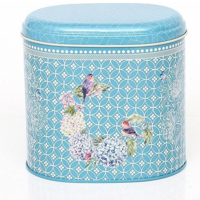 Oval Metal Tin – 140 x 120 x 130 mm (1.4L)  Floral Harmony with Birds on Geometric blue