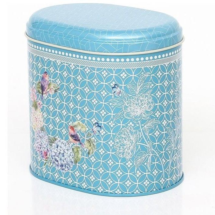 Oval Metal Tin – 140 x 120 x 130 mm (1.4L)  Floral Harmony with Birds on Geometric blue