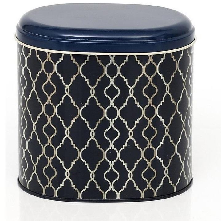 Oval Metal Tin – 140 x 120 x 130 mm (1.4L) gold geometric pattern black background