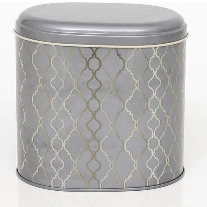 Oval Metal Tin – 140 x 120 x 130 mm (1.4L)  gold geometric pattern black background