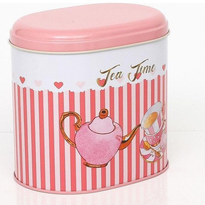 Oval Metal Tin – 140 x 120 x 130 mm (1.4L)  Tea Pot  and cup pink line background
