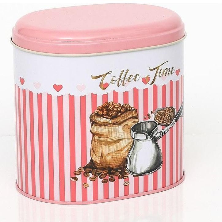 Oval Metal Tin – 140 x 120 x 130 mm (1.4L)  Coffee beans Pink Line Background 