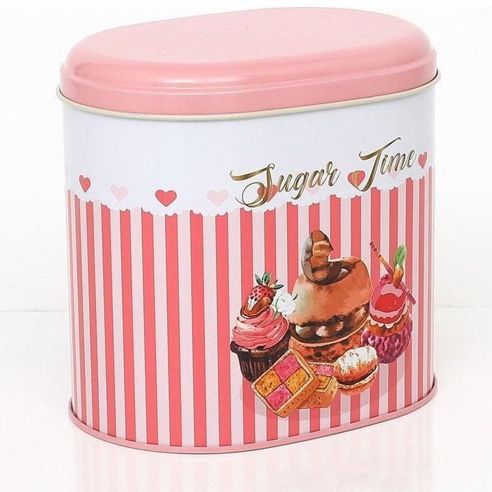 Oval Metal Tin – 140 x 120 x 130 mm (1.4L)  Sweets Sugar Time Pink Line Background