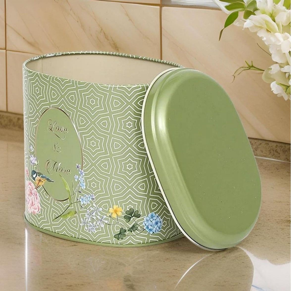 Oval Metal Tin – 140 x 120 x 130 mm (1.4L) Floral Harmony with Birds on Geometric Green