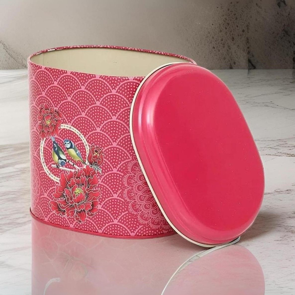 Oval Metal Tin – 140 x 120 x 130 mm (1.4L)  Floral Harmony with Birds on Geometric Red