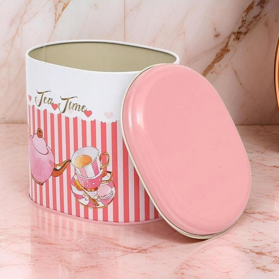 Oval Metal Tin – 140 x 120 x 130 mm (1.4L)  Tea Pot  and cup pink line background