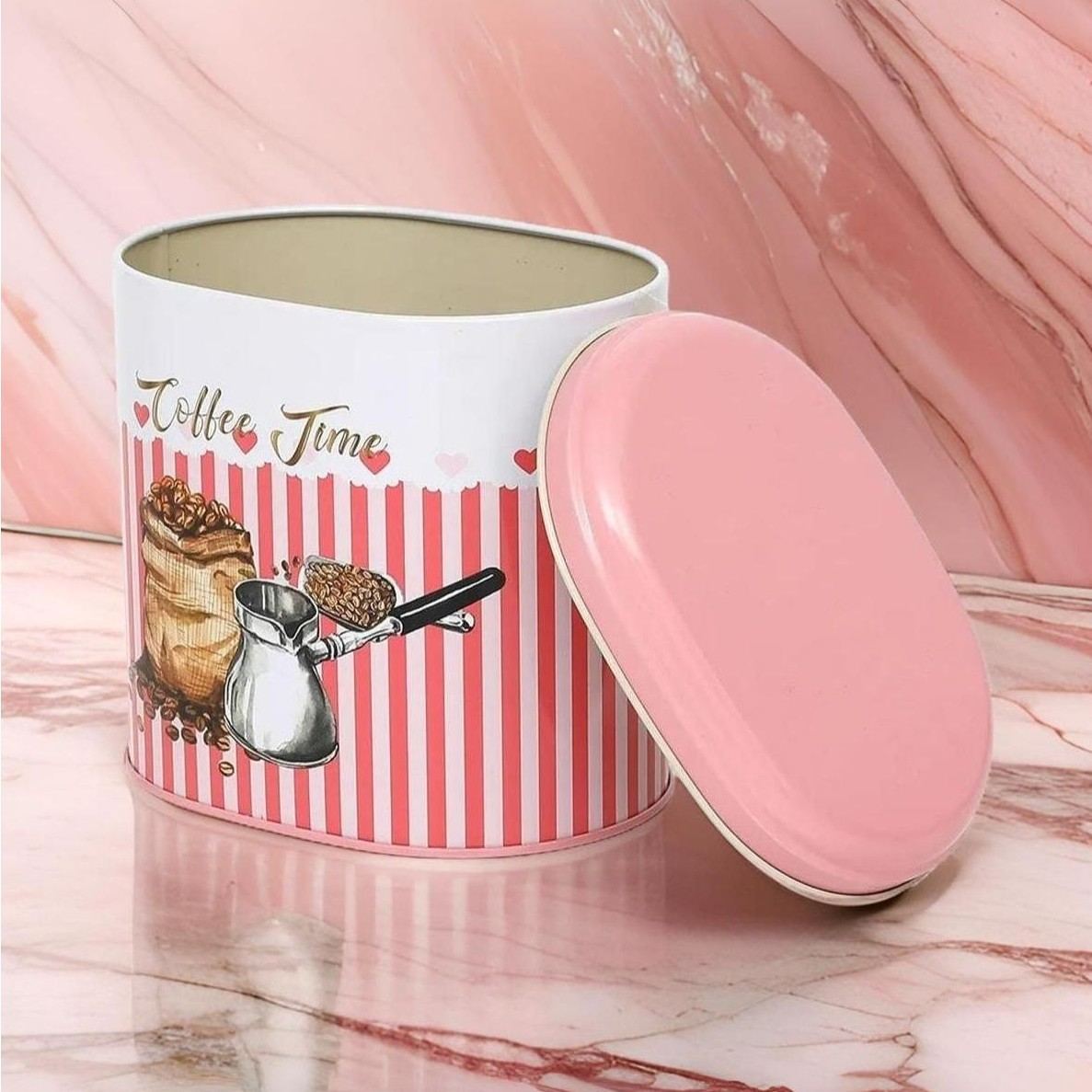 Oval Metal Tin – 140 x 120 x 130 mm (1.4L)  Coffee beans Pink Line Background 