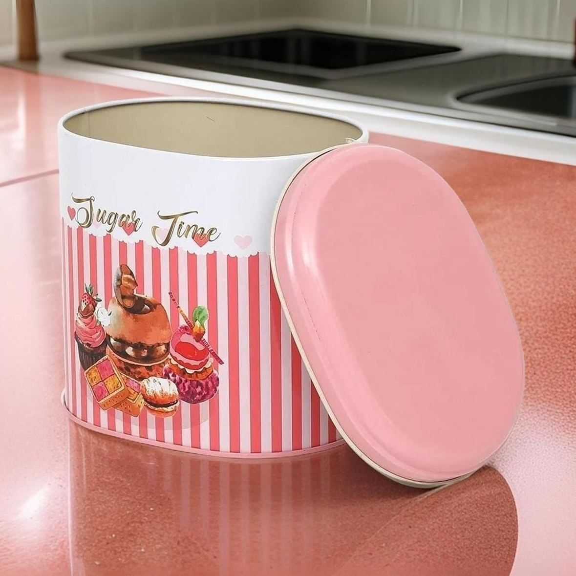 Oval Metal Tin – 140 x 120 x 130 mm (1.4L)  Sweets Sugar Time Pink Line Background