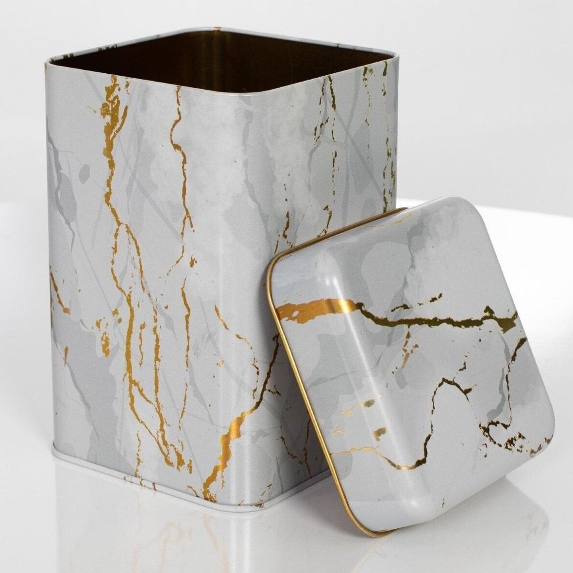 105x105x160 mm Square Tin Box 1.7 L Slip Lid Marble White