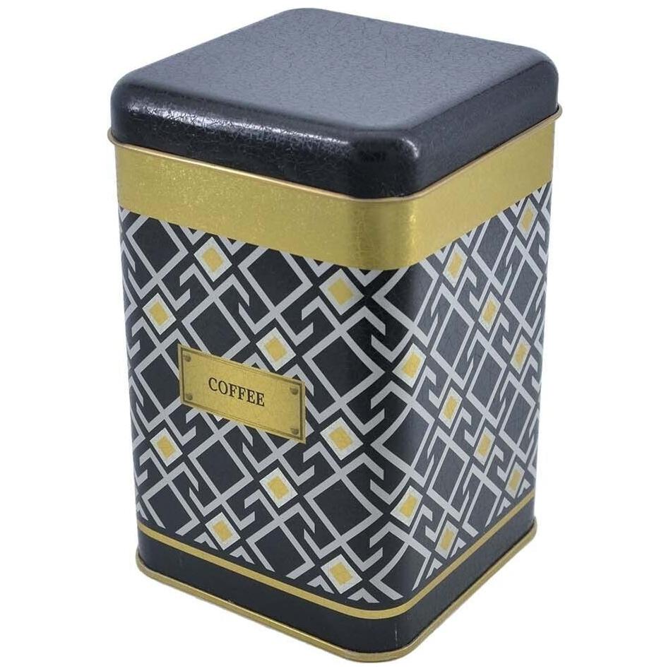 105x105x160 mm Square Tin Box  1.7 L  Slip Lid Seamless Pattern Design  Geometric Lines  Black Background