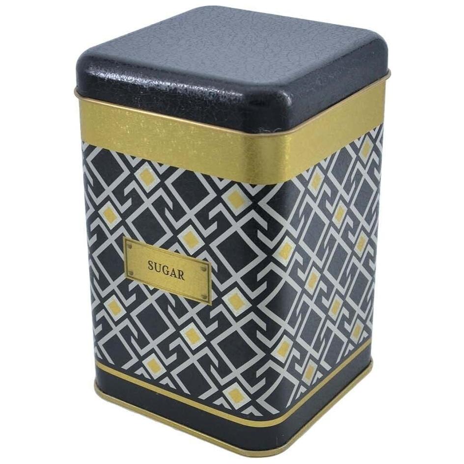 105x105x160 mm Square Tin Box  1.7 L  Slip Lid Seamless Pattern Design  Geometric Lines  Black Background