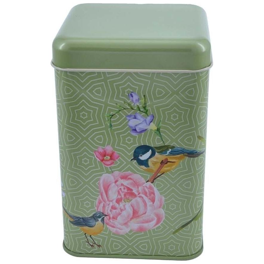 105x105x160 mm Square Tin Box  1.7 L  Slip Lid Floral Harmony with Birds on Geometric Green