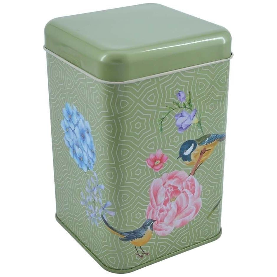 105x105x160 mm Square Tin Box  1.7 L  Slip Lid Floral Harmony with Birds on Geometric Green