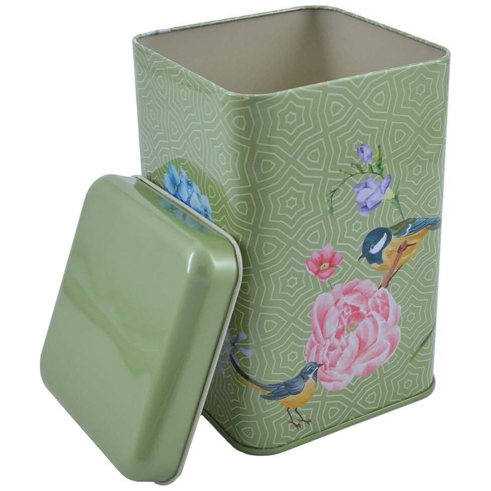 105x105x160 mm Square Tin Box  1.7 L  Slip Lid Floral Harmony with Birds on Geometric Green