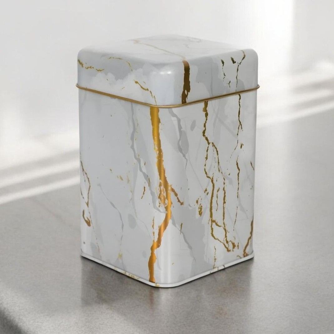 105x105x160 mm Square Tin Box  1.7 L  Slip Lid Marble White