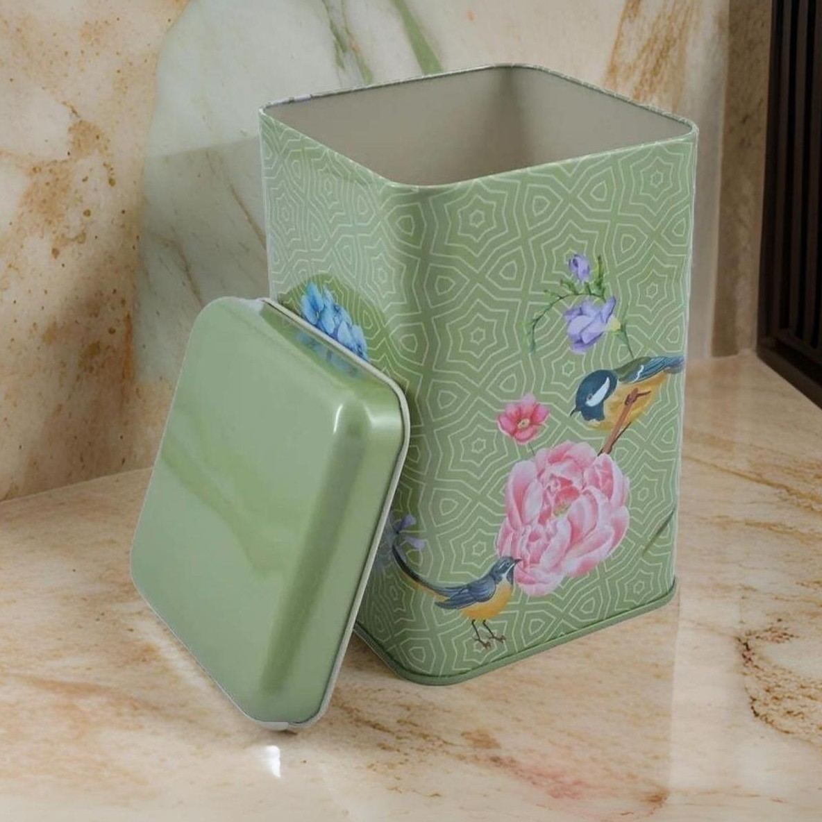105x105x160 mm Square Tin Box  1.7 L  Slip Lid Floral Harmony with Birds on Geometric Green