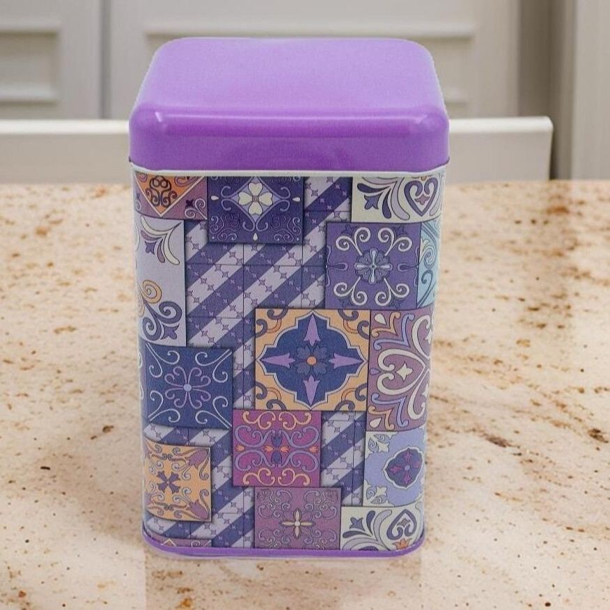 105x105x160 mm Square Tin Box 1.7 L Slip Lid Purple Plaid Flat Purple