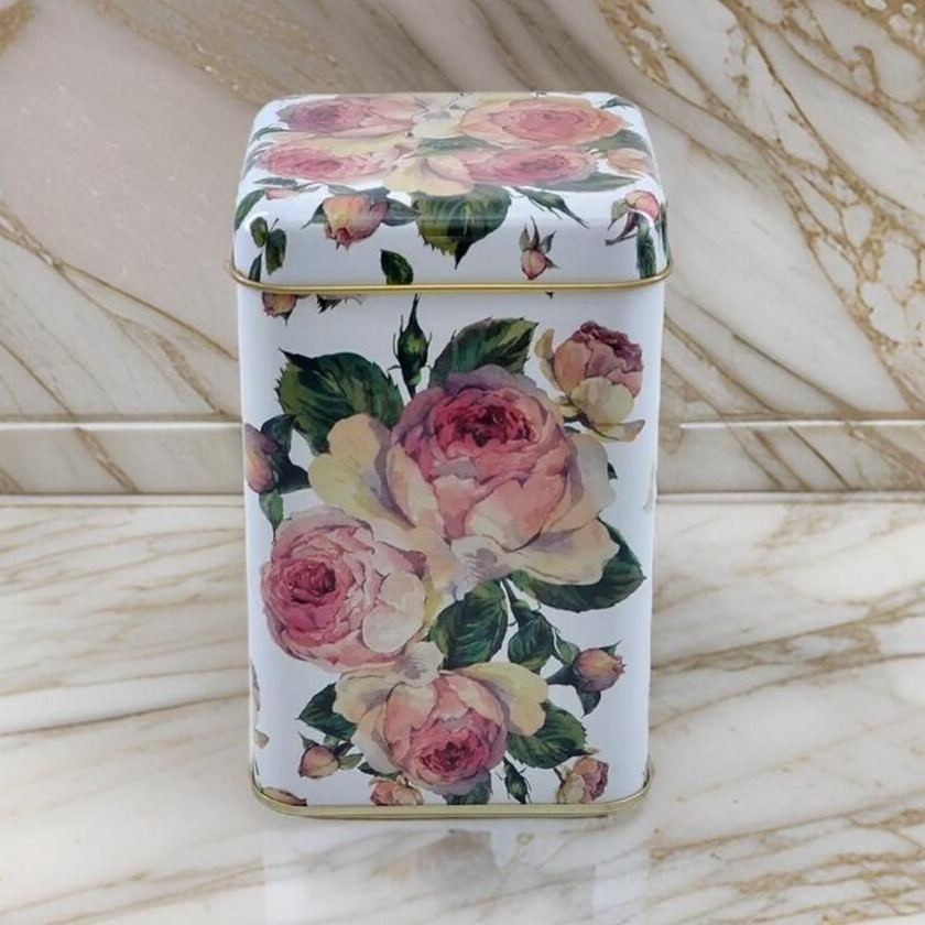 105x105x160 mm Square Tin Box  1.7 L  Slip Lid Vintage Floral and Rose Decorative Art - Rustic Provençal Design