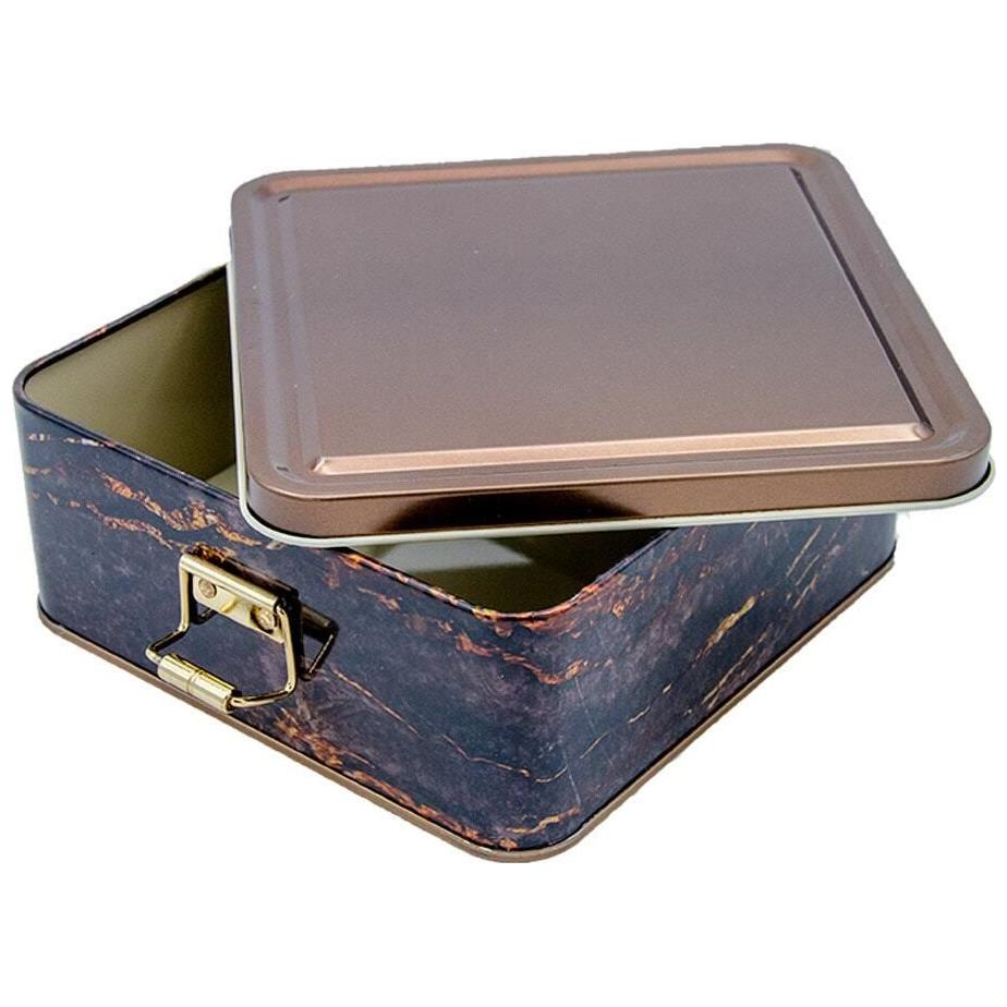 158x158x87 mm Square Metal Storage box 1.9L Wire Clasp and Transparent Lid Rock and Gold