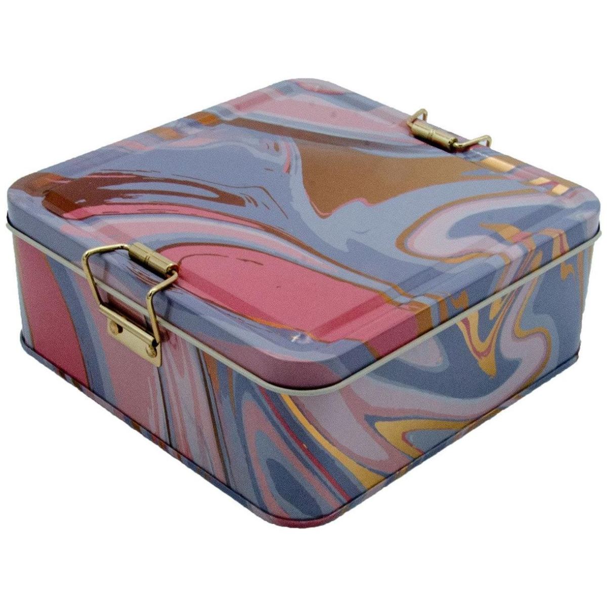 158x158x87 mm Square Metal Storage box 1.9L Wire Clasp and Transparent Lid Pink and Gold Marble Texture