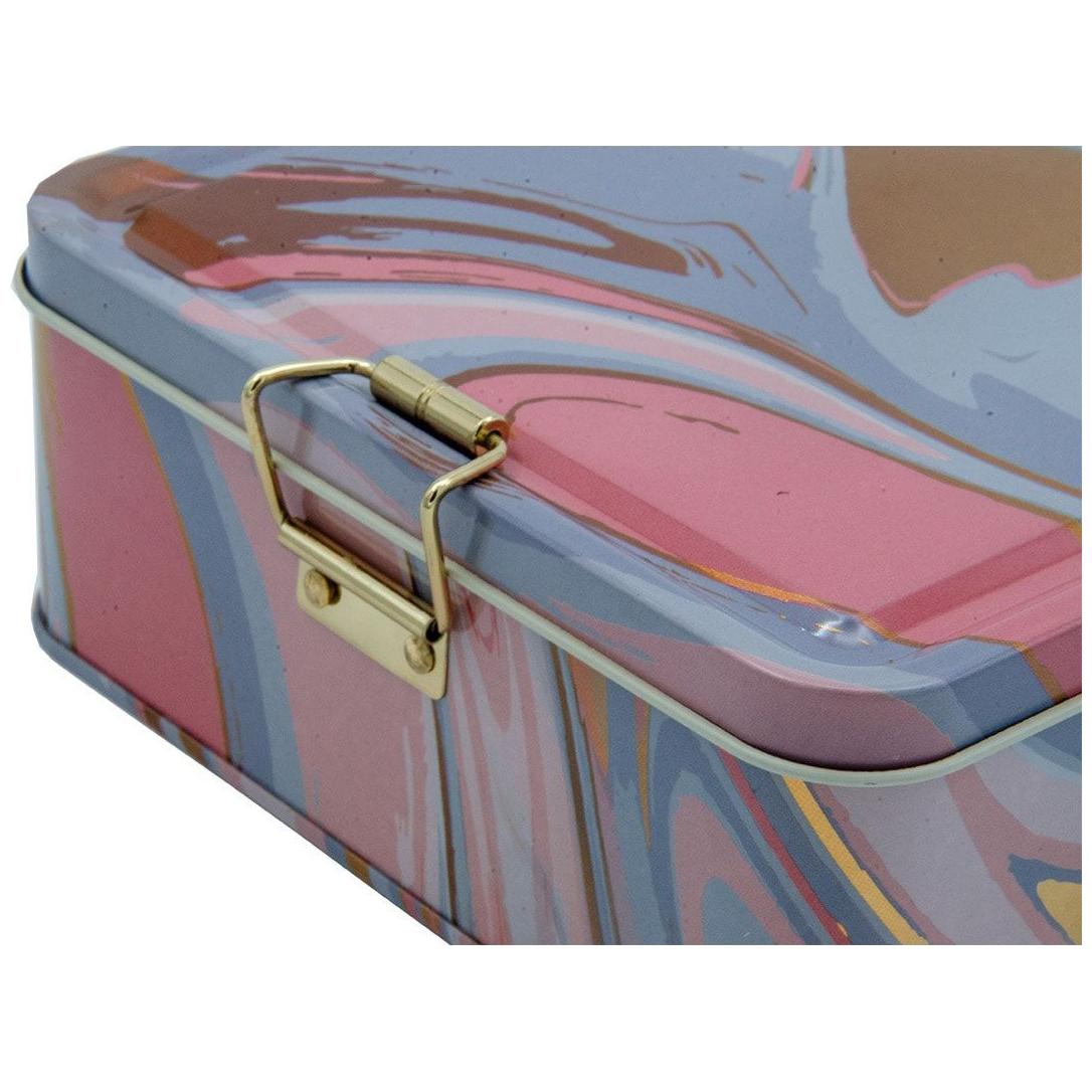 158x158x87 mm Square Metal Storage box 1.9L Wire Clasp and Transparent Lid Pink and Gold Marble Texture