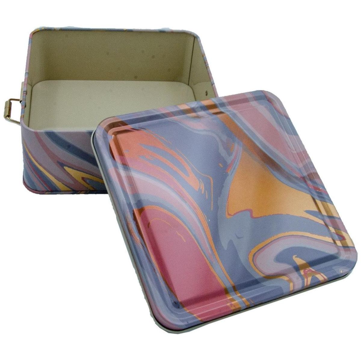 158x158x87 mm Square Metal Storage box 1.9L Wire Clasp and Transparent Lid Pink and Gold Marble Texture