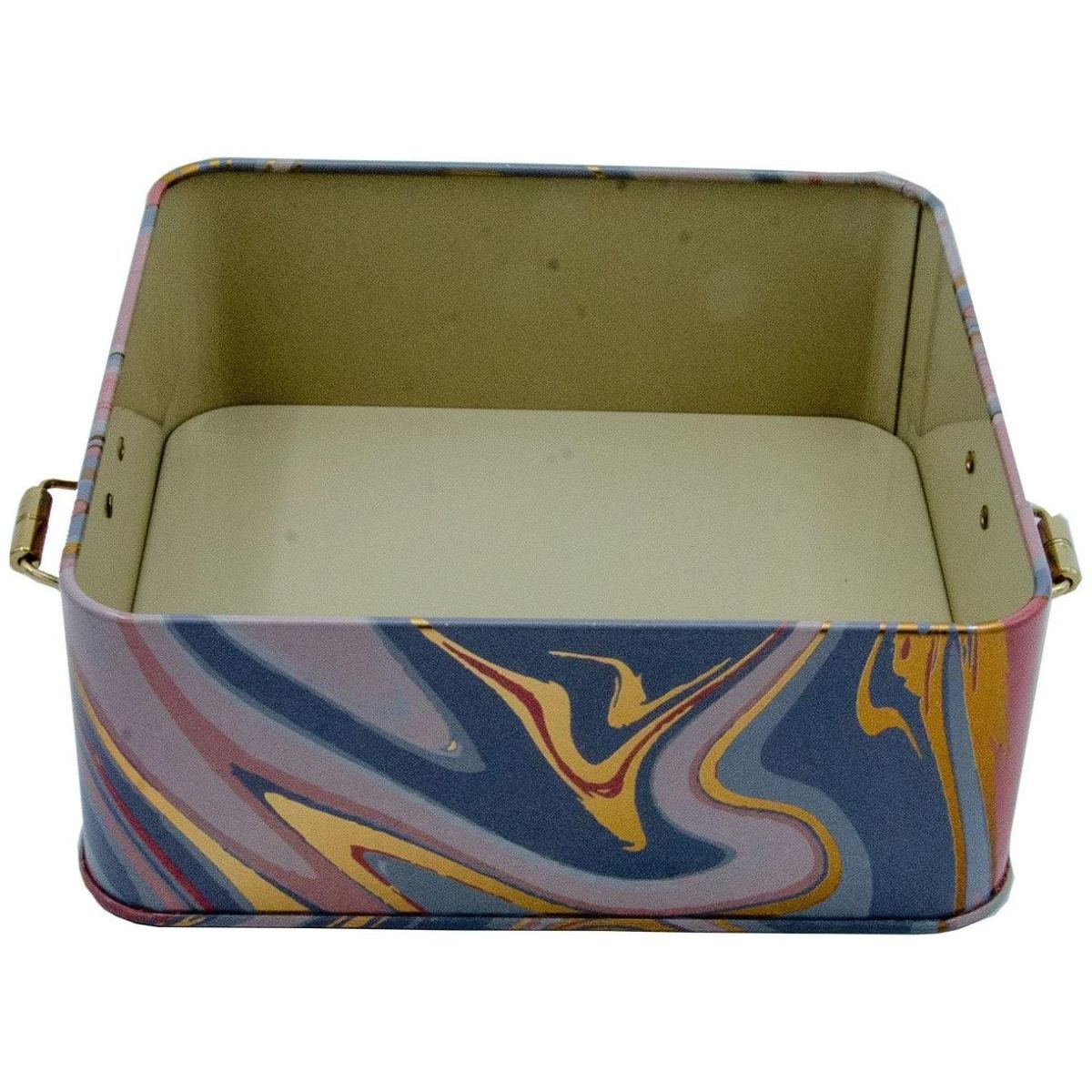 158x158x87 mm Square Metal Storage box 1.9L Wire Clasp and Transparent Lid Pink and Gold Marble Texture