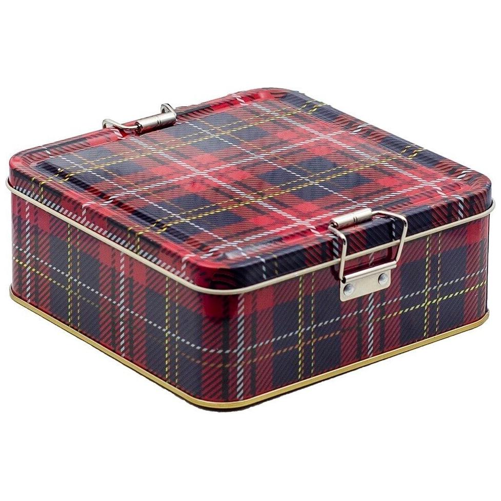 158x158x87 mm Square Metal Storage box 1.9L Wire Clasp and Transparent Lid Plaid(Ekose)