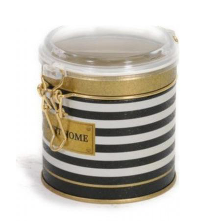 Ø90x90 Round Tin Box 0.5L Wire Clasp and Transparent Lid Black and White Line Sweet Home
