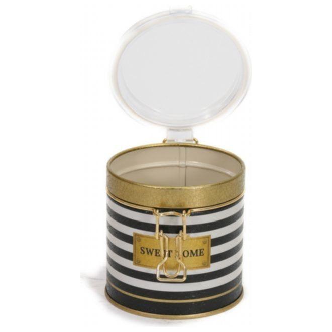 Ø90x90 Round Tin Box 0.5L Wire Clasp and Transparent Lid Black and White Line Sweet Home