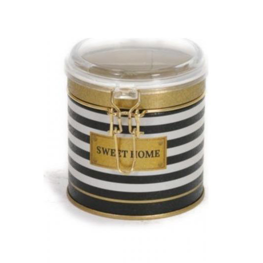 Ø90x90 Round Tin Box 0.5L Wire Clasp and Transparent Lid Black and White Line Sweet Home