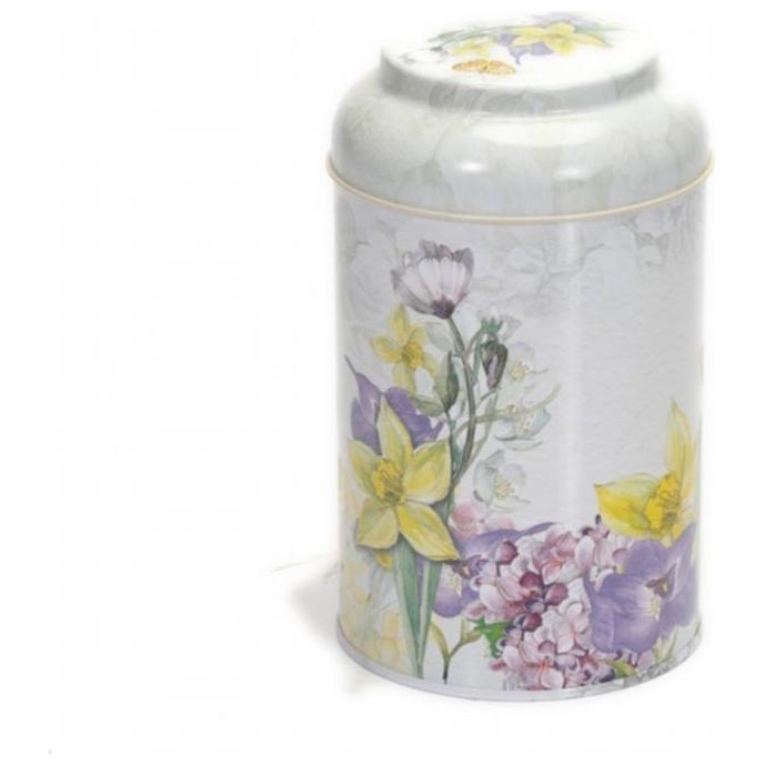 Ø105 x 150 mm Round Metal Tin – 1.2L with Dome Lid Flower Gray