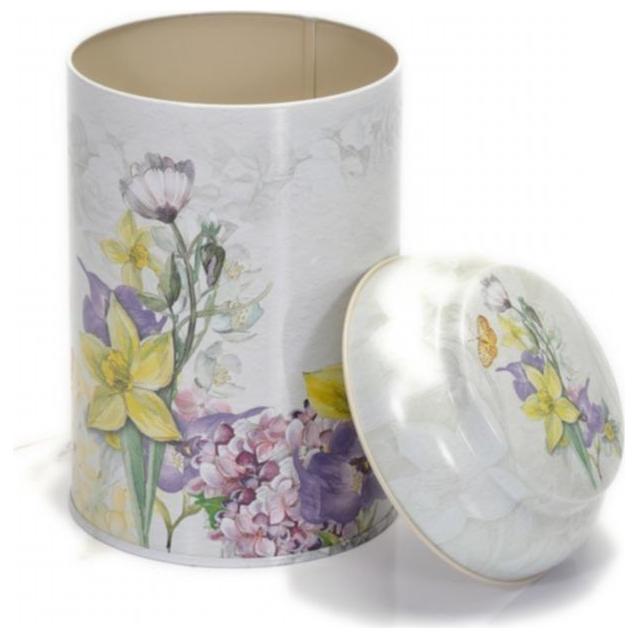 Ø105 x 150 mm Round Metal Tin – 1.2L with Dome Lid Flower Gray