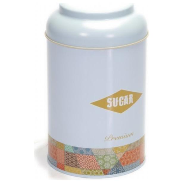 Ø105 x 150 mm Round Metal Tin – 1.2L with Dome Lid Patchwork Pattern Blue Background