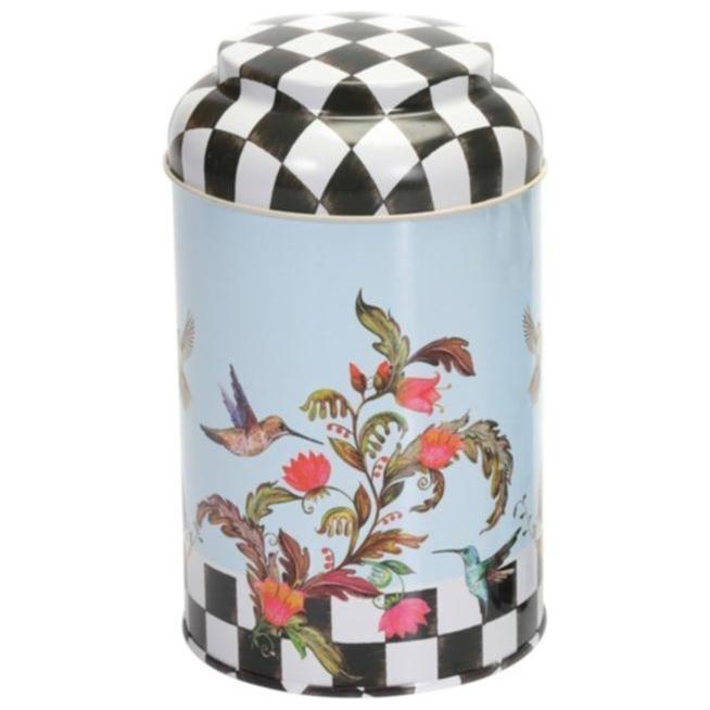 Ø105 x 150 mm  Round Metal Tin – 1.2L with Dome Lid  Checkerboard Bird Flowers