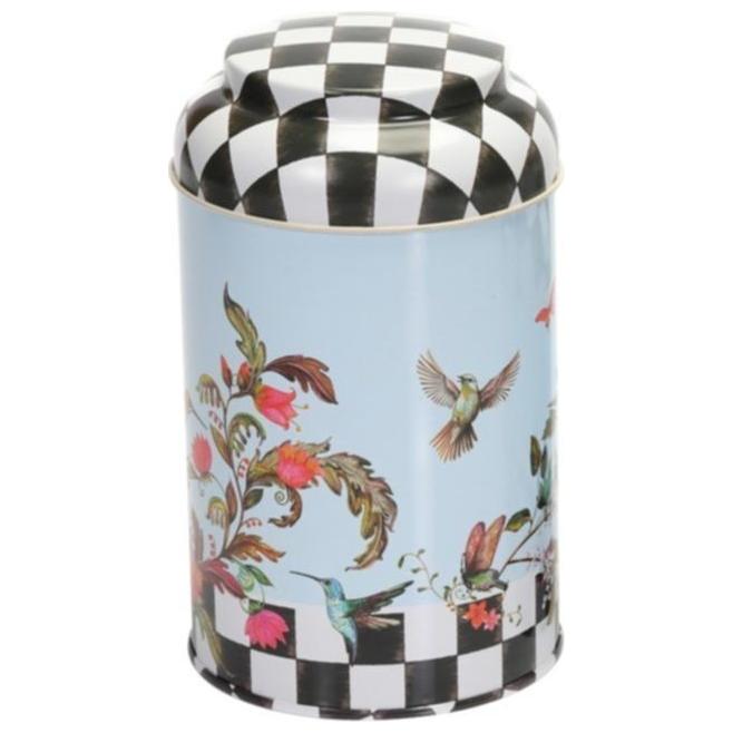 Ø105 x 150 mm  Round Metal Tin – 1.2L with Dome Lid  Checkerboard Bird Flowers