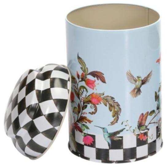 Ø105 x 150 mm  Round Metal Tin – 1.2L with Dome Lid  Checkerboard Bird Flowers