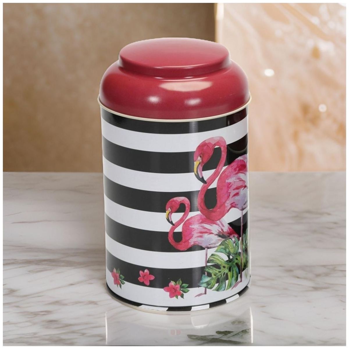 Ø105 x 150 mm  Round Metal Tin – 1.2L with Dome Lid Pink flamingo illustrator line background