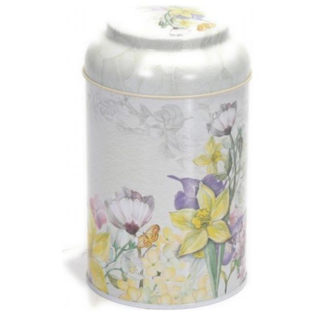 Ø105 x 150 mm  Round Metal Tin – 1.2L with Dome Lid Flower Gray